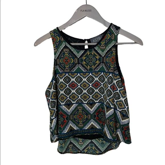 ASTR THE LABEL Womens Round Neck Tribal Boho Printed Pattern Tank Dark Colors - Picture 1 of 3
